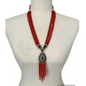 High End Crystal And Beaded Long Statement Fashion Necklace